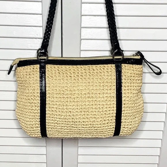 Brighton Summer Straw Shoulder Bag Black Leather Trim - Picture 5 of 11